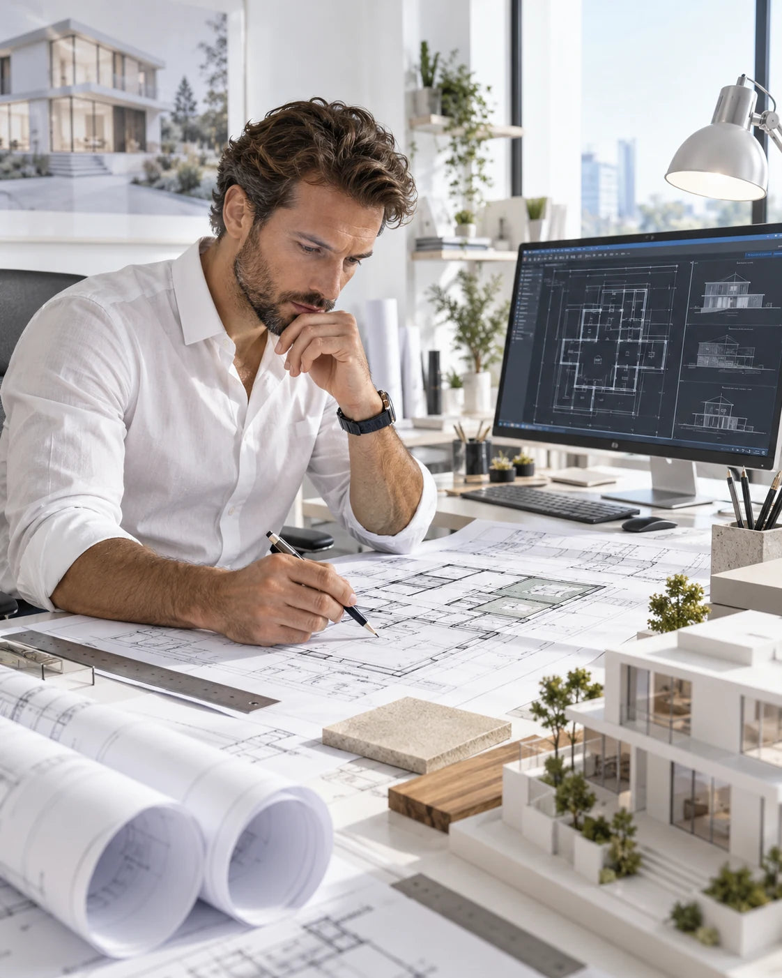 Architecte vérifiant des plans CAD dans un studio lumineux