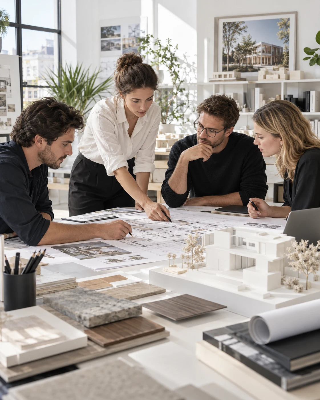 Réunion d’équipe autour de plans et de maquettes architecturales