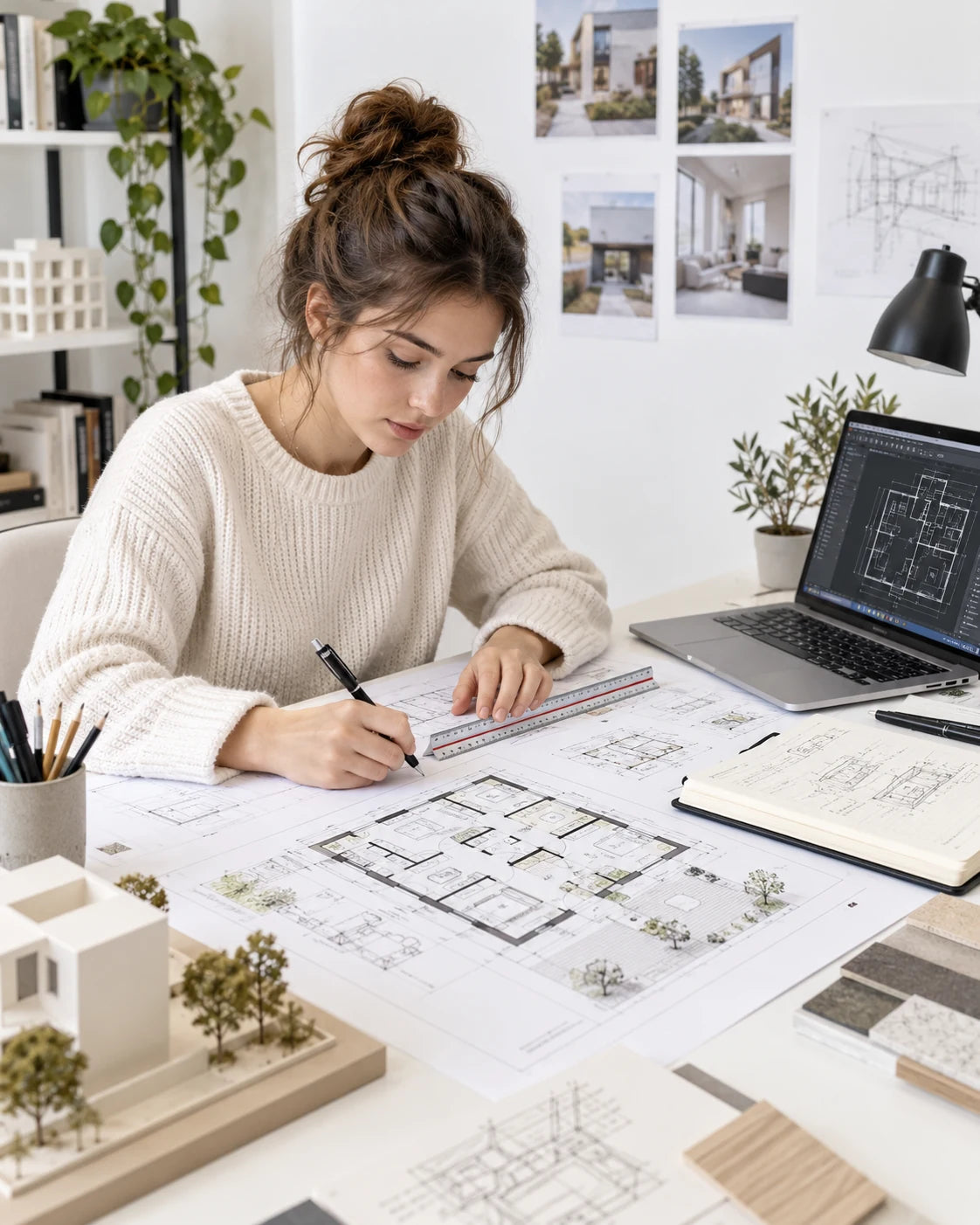 Professionnelle de l’architecture travaillant sur des plans détaillés à son bureau
