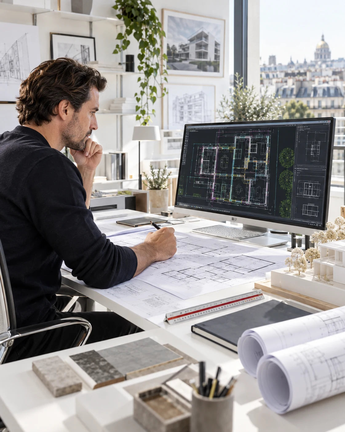 Architecte concentré dans un studio moderne entouré de plans et de maquettes